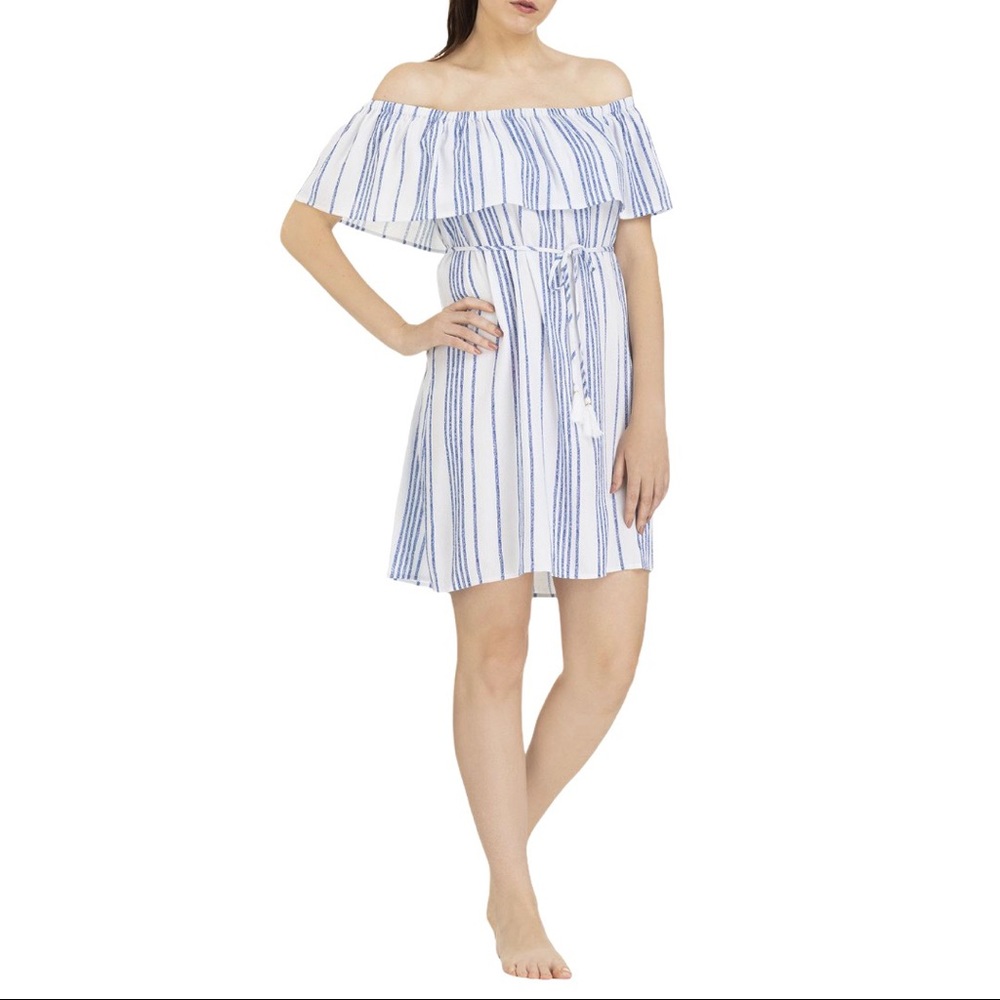 NWT Hawaiian Tropic Off the Shoulder Dress Stripe Blue Summer Beachy Boho